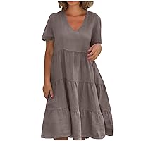 Women's Casual Summer Tunic Dress 2024 V Neck Loose Flowy Swing Dresses Short Sleeve A Line Tiered Cute Midi Beach Dress Brown