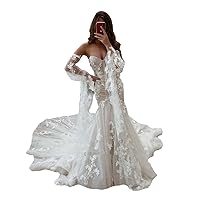 Detachable Long Sleeves Stapless Mermaid lace Women Ball Gown Wedding Dresses for Brides with Train