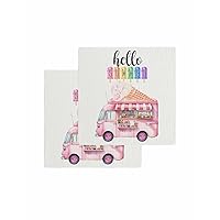 Hello Summer Kitchen Towels Set of 2, Waffle Microfiber Towels Cleaning, Pink Ice Cream Truck Watercolor Absorbent Dish Towels Cloths Decorative Hand Towels for Bathroom 12x12 Inch