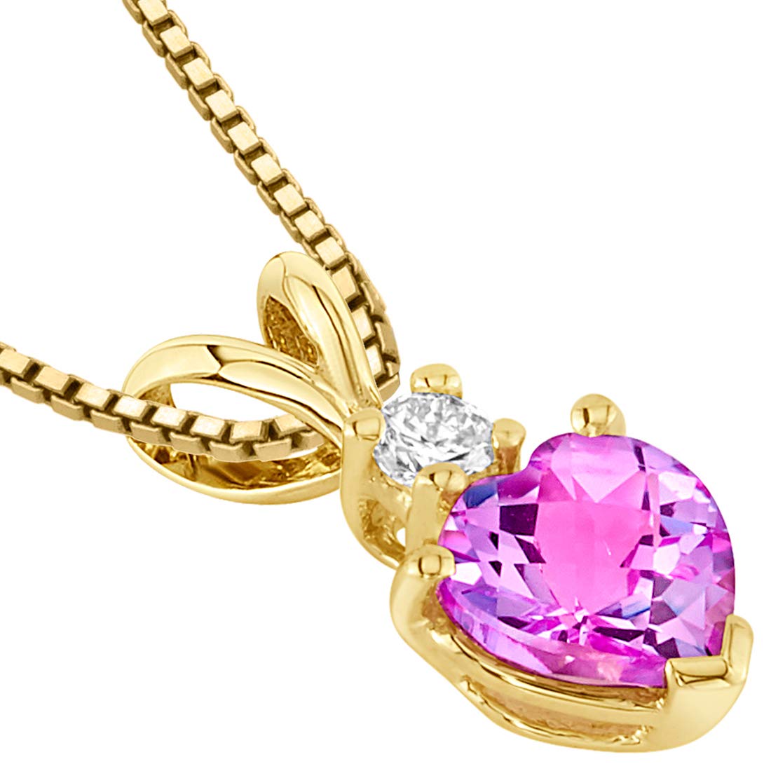 Peora Created Pink Sapphire with Genuine Diamond Pendant in 14 Karat Yellow Gold, Heart Shape Solitaire, 6mm, 1.15 Carats total