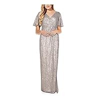 Adrianna Papell Womens Silver Zippered Sequined Flutter Sleeve Surplice Neckline Maxi Prom Faux Wrap Dress 0