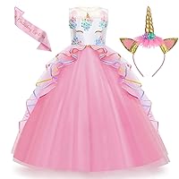Unicorn Dress for Girls Unicorn Costume Pageant Princess Party Birthday Long Maxi Gown with Unicorn Headband Satin