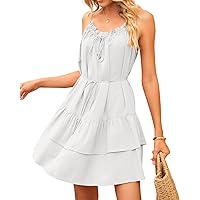 Onedreamer Womens Summer Dresses Casual V Neck Spaghetti Strap Waist Tie Knot Flowy Layered Mini Dress