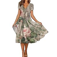 Summer Casual Dresses for Women,Short Sleeve Swing Sundress Floral Print T-Shirt Dress