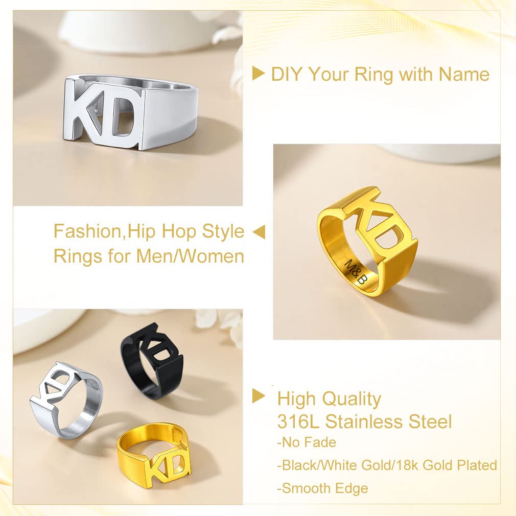 Custom4U Personalized Name Ring Unisex Custom Block Letter/Name/Initial/Year/Word Rings,Stainless Steel/Gold/Black Customzied Nameplate Ring for Women Men (Gift Box)