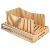 Bamboo Bread Slicer with Serrated 38cm Knife-Adjustable Bread Slicer for Homemade Bread with 3 Thickness Sizes-Foldable Board Loaf Slicer with Crumb Tray-Idea for Cakes, Sourdough Bread & Bagels