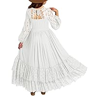 MITILLY Girls Boho Long Sleeve Backless Lace Flower Square Neck Tiered Ruffle Swing Party Maxi Dress