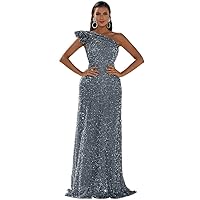 Lin Lin Q Women’s Formal One Shoulder Sequin Ruffle Prom Dress, Sleeveless Mermaid Ruched Evening Maxi Ball Gowns