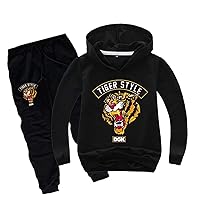 Unisex Kids Tiger Print Pullover Hoodie and Sweatpants Set-Long Sleeve Hooded Tops Sweatshirts for Teen Boys Girls Black