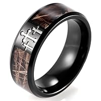 Men's 8mm Black Titanium Ring Mens Wedding Bands Contrasting Engraved Crosses and Brown Camouflage Inlaid Christian Ring