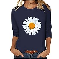 Daisy Shirts for Women Summer Casual 3/4 Sleeve Crewneck T-Shirt Flower Graphic Tee Vintage Floral Print Blouse Tops
