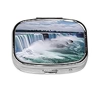 Niagara Falls Print Pill Box Square 3 Compartment Pill Case Portable Travel Pill Organizer Mini Medicine Storage Box for Pocket Purse Metal Decorative Pill Holder for Daily Medicine