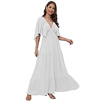 Women's Summer V-Neck, Tiered Silhouette with Flutter Sleeves Maxi Dress for Casual
