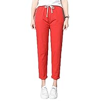 Andongnywell Women's Casual Loose Solid Color Elastic Waist Cropped Linen Pants Drawstring Elastic Waist Trousers