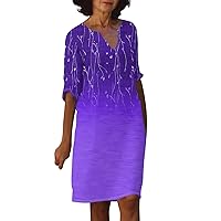Vintage Dress for Women 2024 V Neck Tunic Dress Half Sleeve T Shirt Printed Knee Length Casual Sundress for Ladies