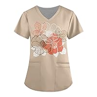 Womens Floral Loose Fit Long Top V Neck Blouses for Women Short Sleeve Work Scrub Summer Fall Shirts 2024