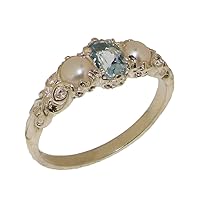 925 Sterling Silver Real Genuine Aquamarine & Cultured Pearl Womens Band Ring