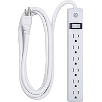 GE 6-Outlet Power Strip, 8 Ft Extension Cord, Heavy Duty Plug, Grounded, Integrated Circuit Breaker, 3-Prong, Wall Mount, UL Listed, White, 67122