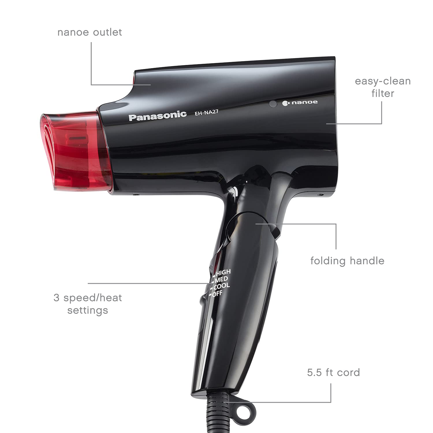 Panasonic nanoe Compact Hair Dryer for Healthy-Looking Hair, 1400W Portable Hair Dryer with Folding Handling and QuickDry Nozzle for Fast Drying – EH-NA27-K (Black/Pink)