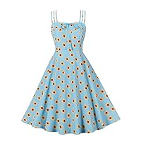 Women 1950s Retro Dress Daisy Print Swing Cocktail Dresses Spaghetti Straps Tie Front Plus Size Cute Tea Party Dress