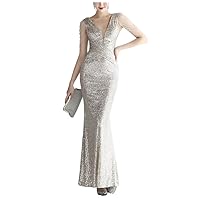 Mordarli Women's Beadings Back Sequins Prom Dresses with Slit Long Formal Dresses Spaghetti Evening Gowns