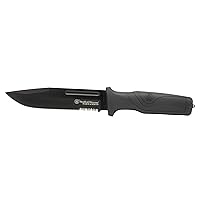 Smith & Wesson Search and Rescue 11in High Carbon S.S. Fixed Blade Knife with 6in Serrated Drop Blade and Rubberized Handle for Outdoor Survival and EDC , Black