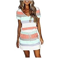 Summer Beach Dresses for Women, 2023 Fashion Striped Mini Dress Casual V Neck Sundress Drawstring Waist Short Dress