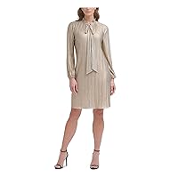 DKNY Womens Pleated Pullover Keyhole Long Sleeve Tie Neck Above The Knee Wear to Work Shift Dress
