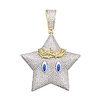 10K Yellow Gold Star with Blue eyes and crown Diamond Pendant for Men and Women | 2 x 1.2 inch Genuine Authentic Round Cut Real Diamonds Necklace Chain Men's Charm Pendant 1.16 dwt (I2-I3 Clarity; G-H Color) | Custom Jewelry