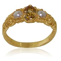 10k Yellow Gold Real Genuine Citrine & Cultured Pearl Womens Band Ring