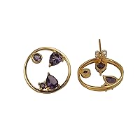 Pear & Round Shape Prong Sett Jewelry | Aqua Chalcedony Gemstone Stud Earring | Brass Gold Plated Handmade Push Back Earring | 1979V