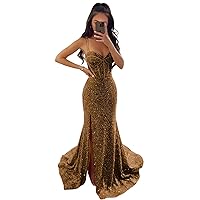 Sequin Ball Gown Long Slit Glitter for Women Strap Mermaid Cocktail Dresses Floor Length Evenning Dresses