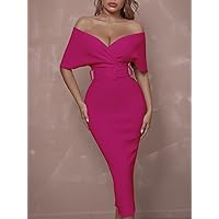 Summer Dresses for Women 2023 Surplice Neck Off Shoulder Backless Front Buckle Belted Cocktail Party Dress (Color : Hot Pink, Size : Small)