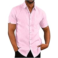 Men's Short Sleeve Button Up Linen Shirts Summer Tops Casual Pocket Beach Button Down Shirts Lightweight Tees