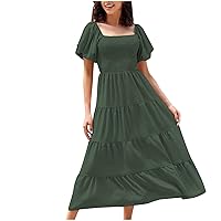 Lightning Deals of Today Clearance Women Boho Ruffle Dress Square Neck A Line Maxi Dresses Puff Sleeve Resort Dress 2024 Vacation Beach Long Sundress Plus Size Bathing Suit Army Green