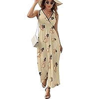 Squirrel Hat Women's Sleeveless Dress V Neck Flowy Hem Sundresses Summer Beach Maxi Dress