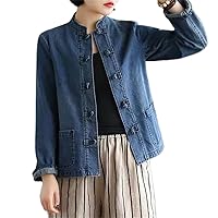 Spring Autumn Denim Jacket Women Cardigan Retro Chinese Embroidered Slim Buckle Top