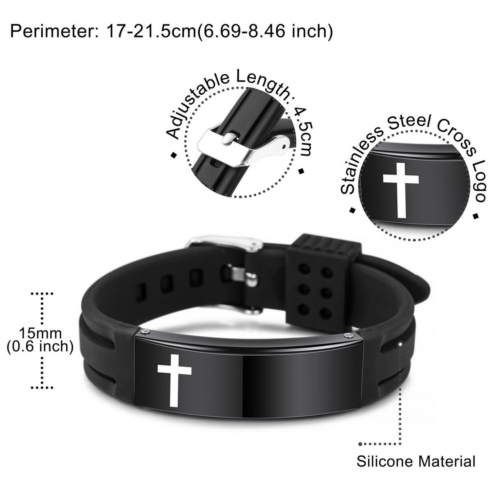 INBLUE Religious Quote Faith Christian Bible Verses Inspirational Powerful Scripture ID Wristband Cross Engraved Text Stainless Steel Adjustable Silicone Bracelets Gift for Men