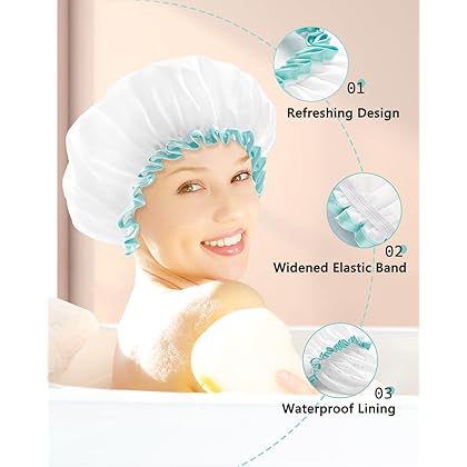 mikimini Shower Cap for Women and Girls,Reusable,Waterproof, Washable, Cute and Soft,White