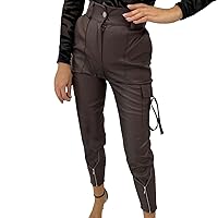 Womens Stretchy Faux Leather Leggings Pants Autumn and Winter Punk Style Small Foot Elastic Waist Lace Up Long