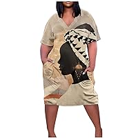 Plus Size Summer Trendy Graphic Casual T-Shirt Dress Womens Short Sleeve V-Neck Oversized Tunic Swing Midi Dresses