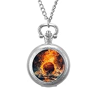 Basketball in Fire and Water Vintage Pocket Watch with Chain Arabic Numerals Scale Quartz Pocket Watches Gifts for Men Women