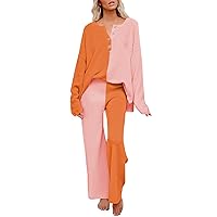 Pink Queen Women's 2 Piece Outfit Set Long Sleeve Button Knit Pullover Sweater Top and Wide Leg Pants Sweatsuit