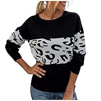 Women Leisure Contrast Sweater Breathable Crewneck Pullover Knitted Daily Tops(Black,XL)