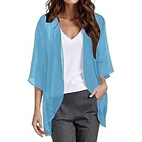 Kimono Cardigans for Women Dressy 3/4 Sleeve Chiffon Open Front Cardigan Solid Sheer Beach Vacation Cover Up Tops 2024
