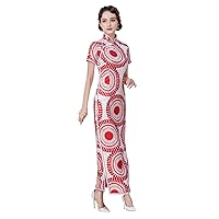 Cheongsam Print Dresses Silk Mock Neck Oblique Placket Sustainable Fashion DressM Red