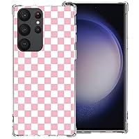 Phone Case for Samsung Galaxy S23 Ultra 5G, Pink White Grid Plaid Regular Lattice Checkered Checkerboard Cute Shockproof Protective Anti-Slip Soft Clear Cover Shell