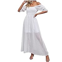 Womens Off Shoulder Puff Sleeve Smocked Waist Maxi Dresses Summer Jacquard Bowknoted Back Draped Hem Cocktail Dress