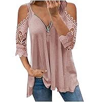Summer T-Shirts for Women 2024 Lace 3/4 Sleeve Cold Shoulder Tops Loose Solid Color Blouse Casual V Neck Shirts with Zipper