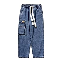 Men's Classic Loose Fit Straight Leg Stretch Denim Jeans Cargo Pants Drawstring Fashion Y2K Streetwear with Pockets